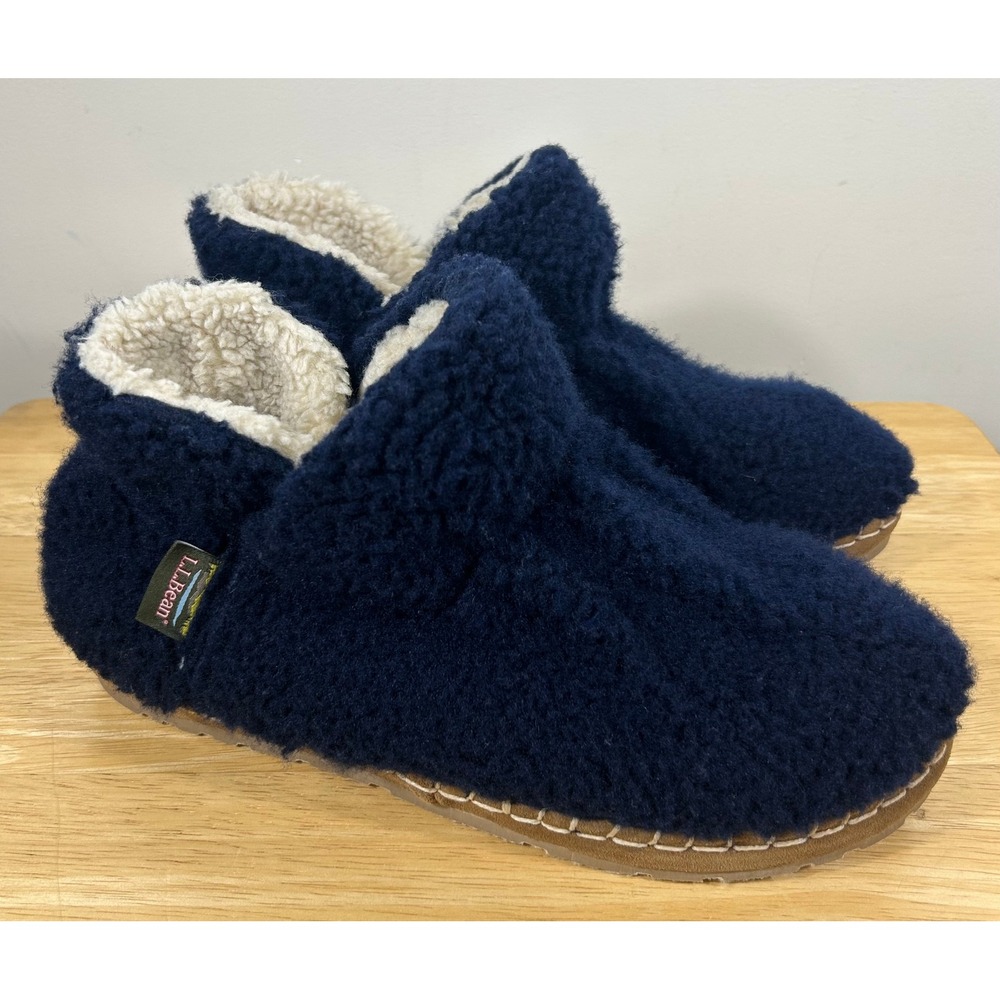 LL Bean Sherpa Fleece Slipper Booties Womens 10 Navy Blue Cozy House Shoes Comfy